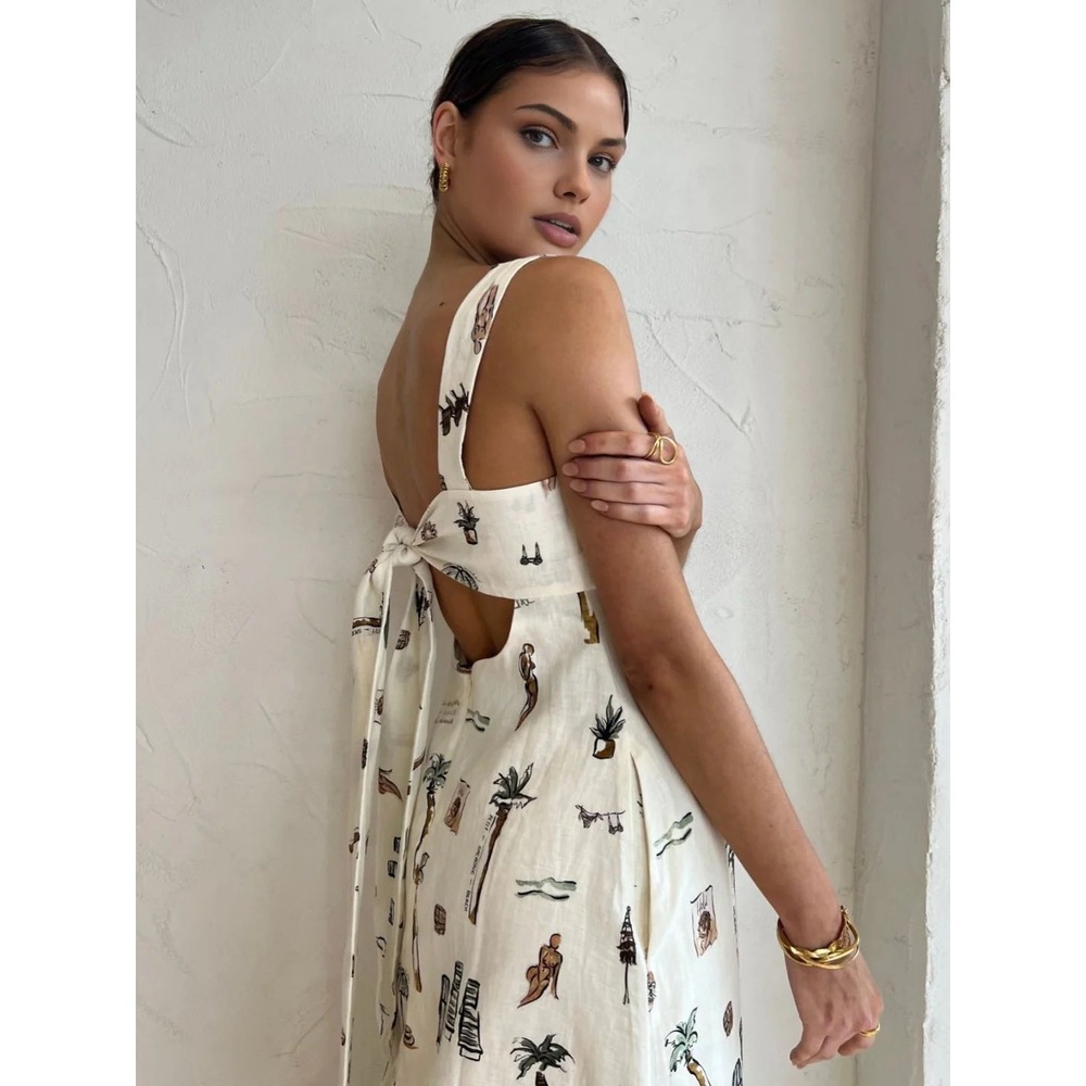 Commense Tropical Print Knotted Maxi Dress Off-White Linen Blend Open Back L NEW